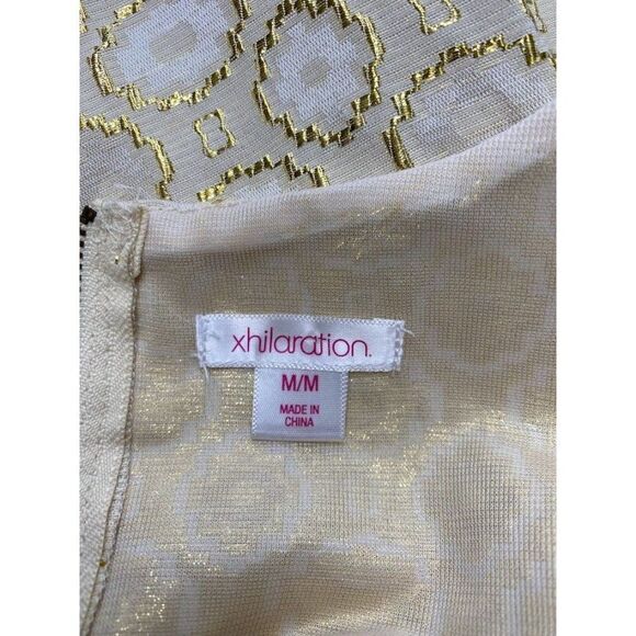 XHILARATION Cream Beige Metallic Gold Fit Flare Sleeveless Dress Sz Medium - Picture 5 of 10